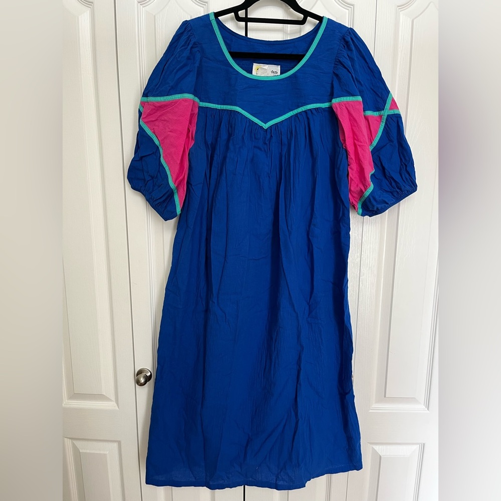 Two Potato Laguna Beach CA Vintage Blue Dress with Pink and Green Accents L